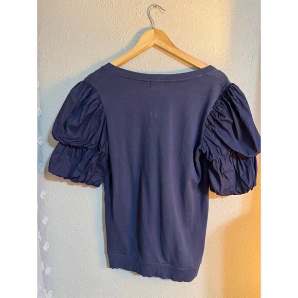 Nation Teddi Blue V Neck Sweatshirt Poplin Tiered Puff Sleeve Top M - Picture 5 of 8